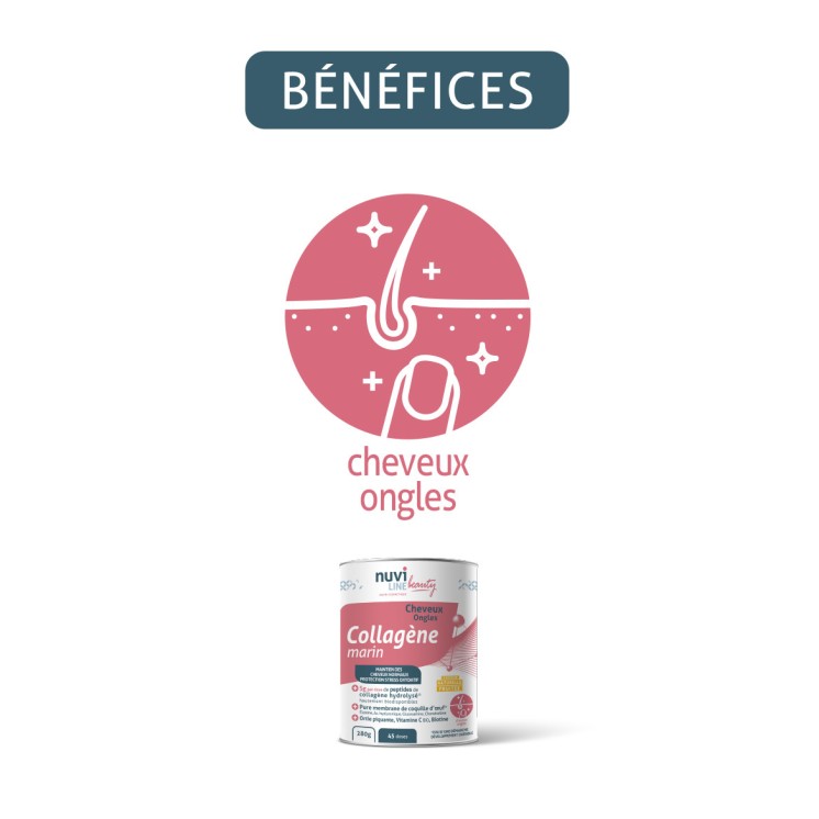 Collagène marin avec ortie piquante, membrane d'oeuf, vitamine C et B8, beauté cheveux et ongles